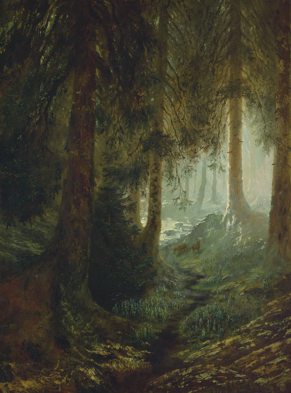 Jeleń w leśnym krajobrazie autorstwa Gustave Dore