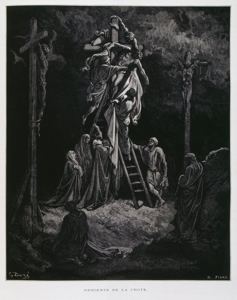 Zstąpienie z krzyża, złożenie Chrystusa, ilustracja z Biblii Dore