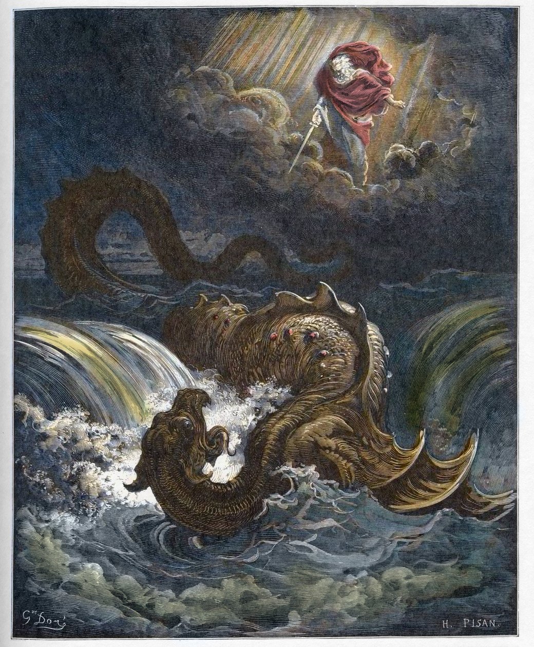 Zniszczenie Lewiatana - Zniszczenie Lewiatana, morskiego potwora Starego Testamentu - grawerowanie w „”The Bible illustree”” Gustave