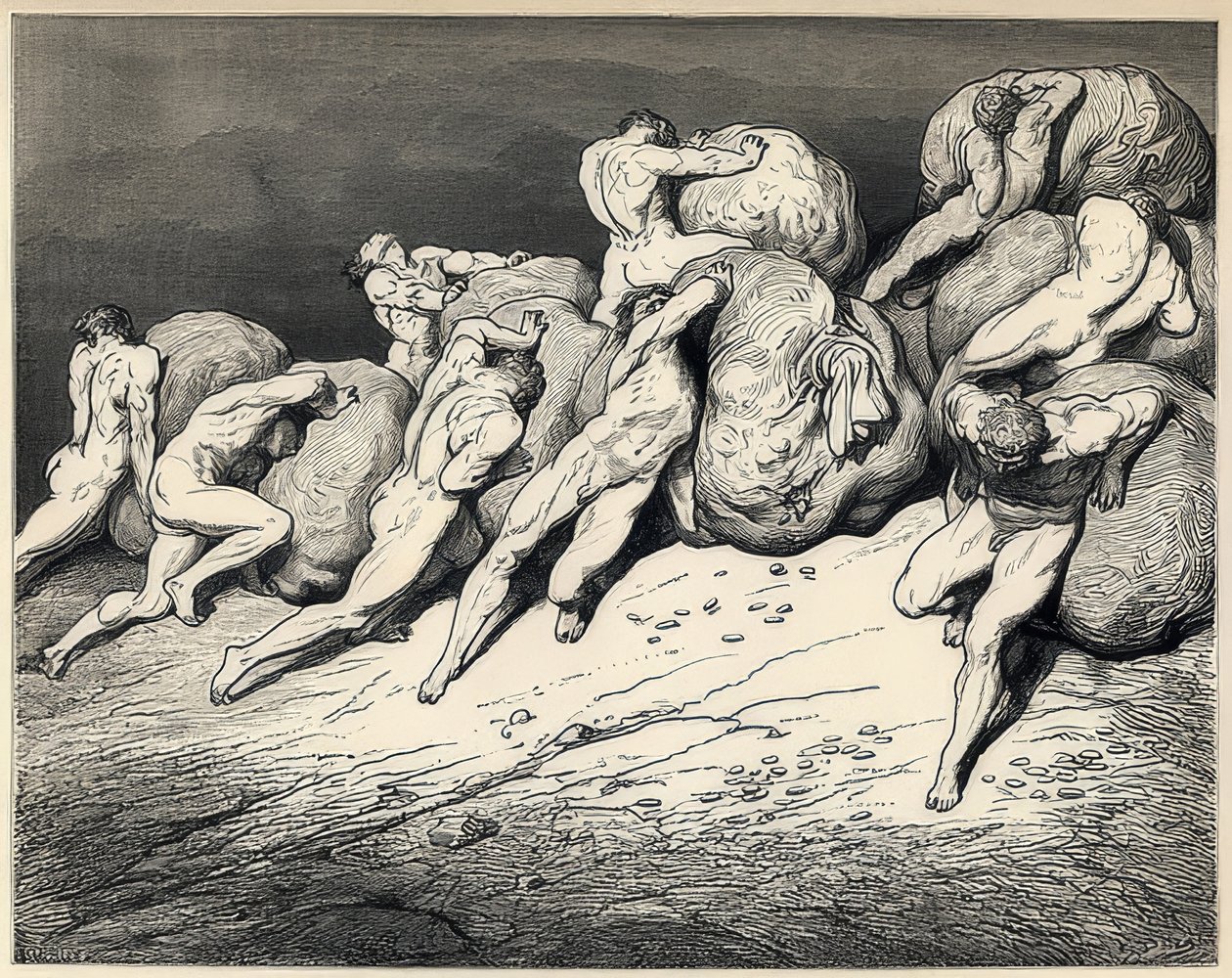 Dusze rozrzutnych i skąpców. Ilustracja do Boskiej komedii Dantego Alighieri. Około 1857 r. autorstwa Gustave Dore