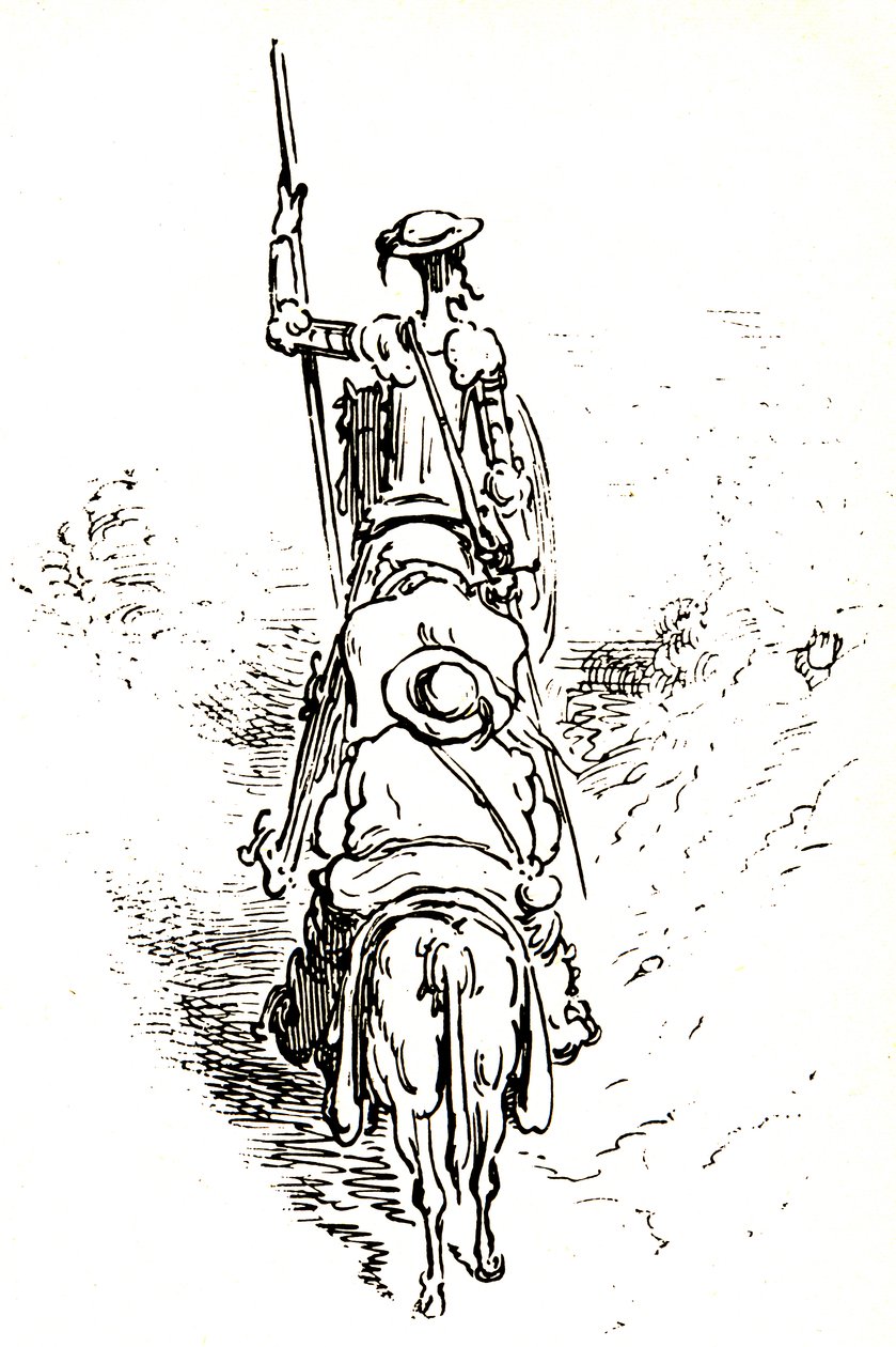 Don Kichot na koniu, za nim Sancho na ośle autorstwa Gustave Dore