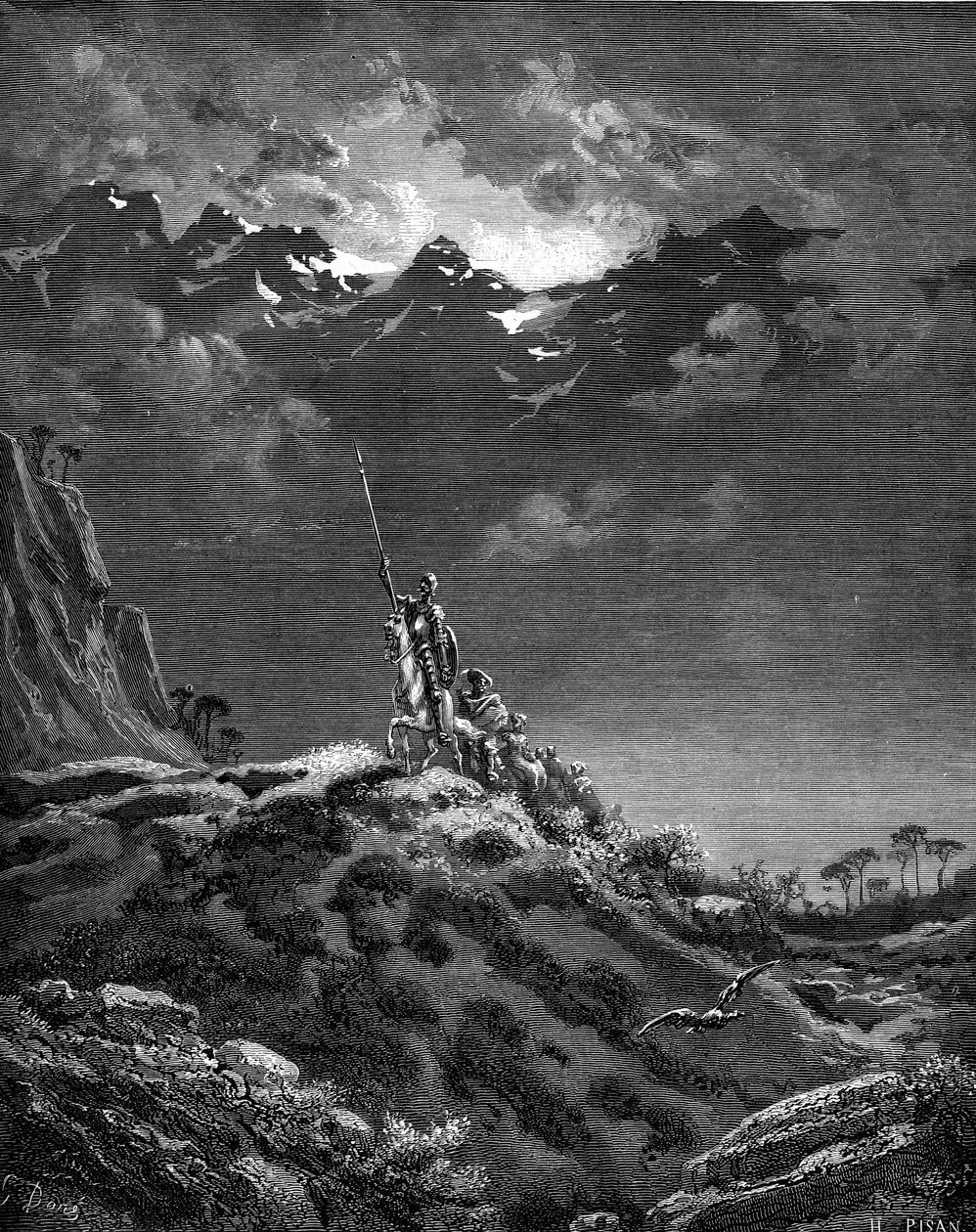 Don Kichot (Quixote lub Qijote) wyruszający na przygodę. Grafika autorstwa Gustave