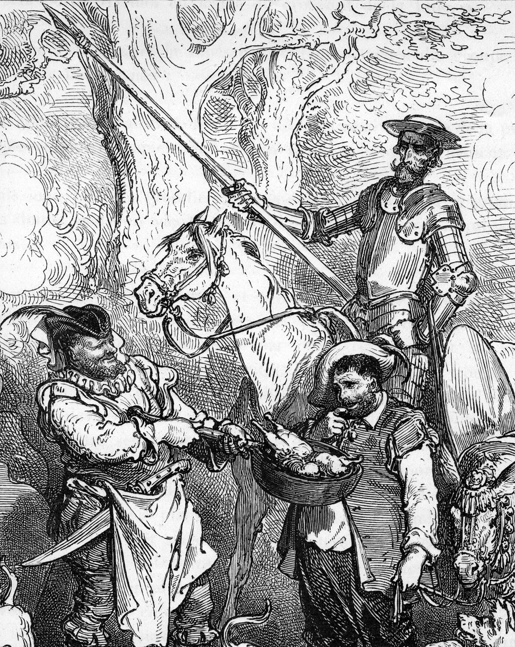 Don Kichot (Quixote lub Qijote), rzucający ręką i jeżdżący na swoim koniu Rossinant, jest gotowy na przygodę. Jego fidele squiyer, smakosz Sancho Panza (Panca), waha się przed dobrym daniem mięsnym. Fragment ryciny autorstwa Gustave