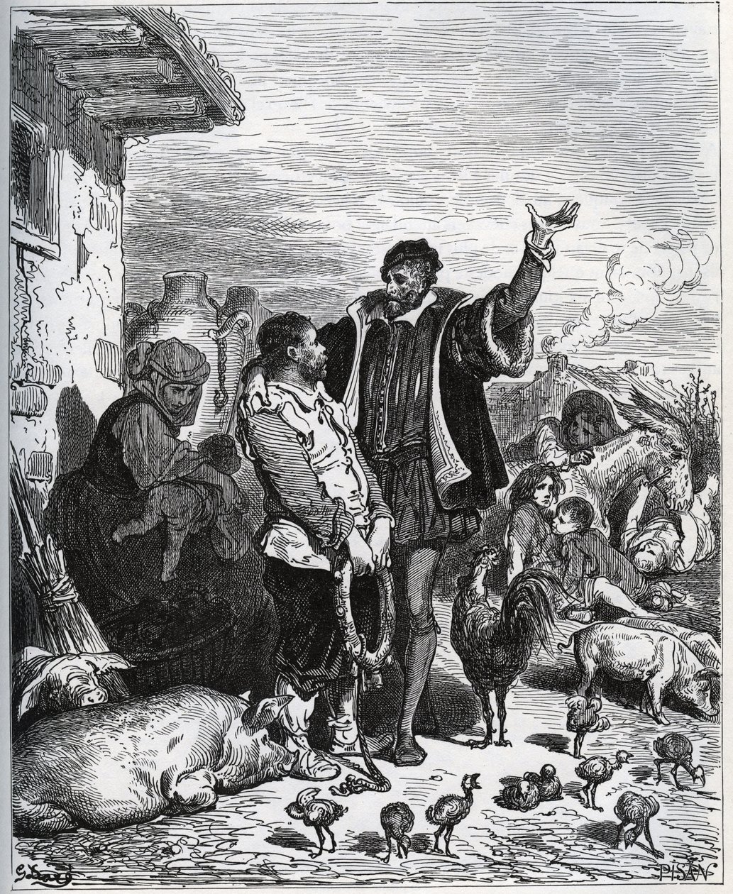 Don Kichot przekonuje swojego sąsiada Sancho Pansę, aby był jego Ecuyer - z „Don Kichota z Manchy” Miguela Cervantesa autorstwa Gustave Dore
