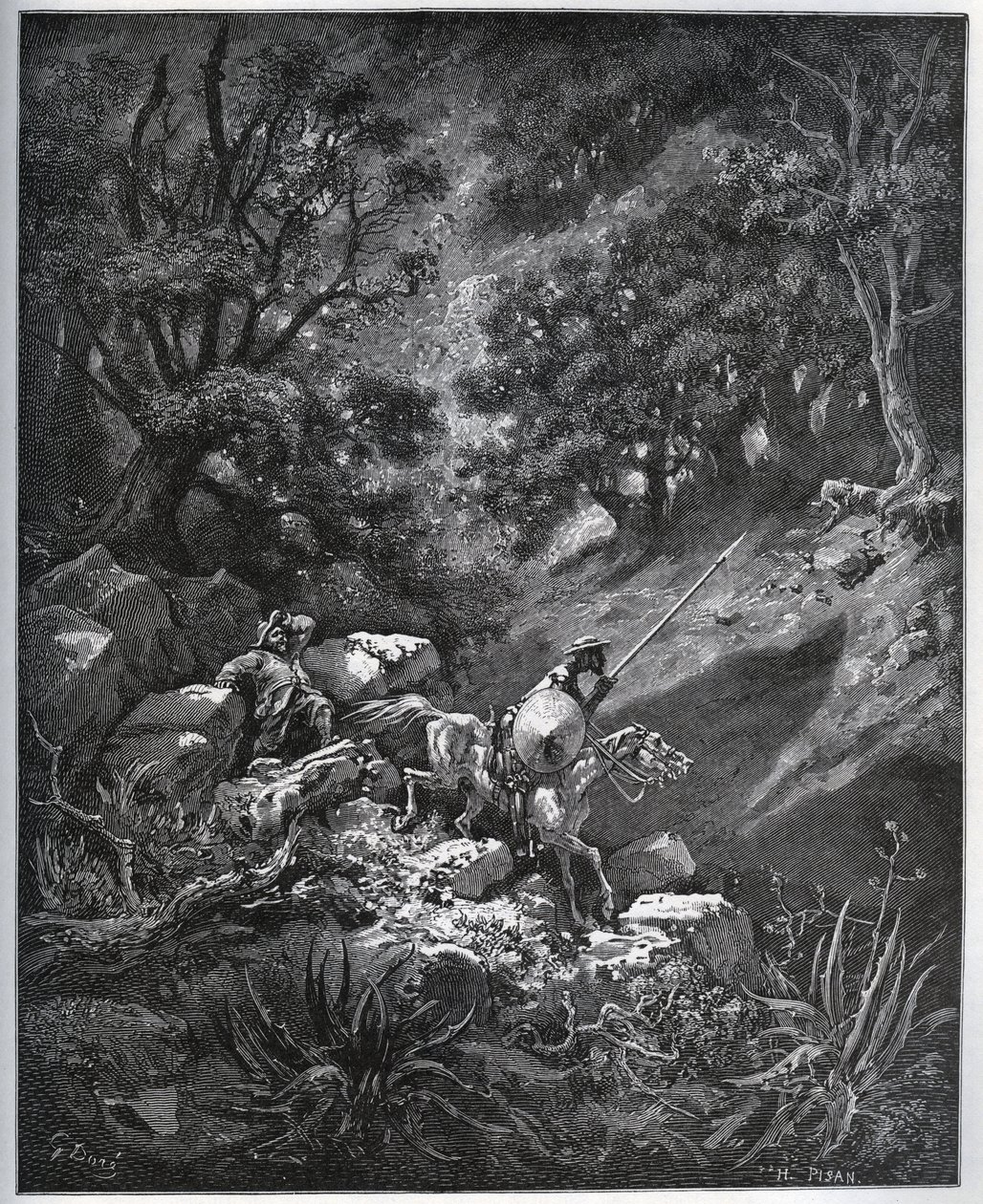 Don Kichot i Sancho Pansa kontynuują swoją podróż w Sierra Morena w poszukiwaniu Deguenille-de-la-Malaise-Mine – z „Don Kichota de la Mancha” Miguela Cervantesa (1547-1616) (Don Kichot) – Drzeworyt wg rysunku Gustave Dore autorstwa Gustave Dore
