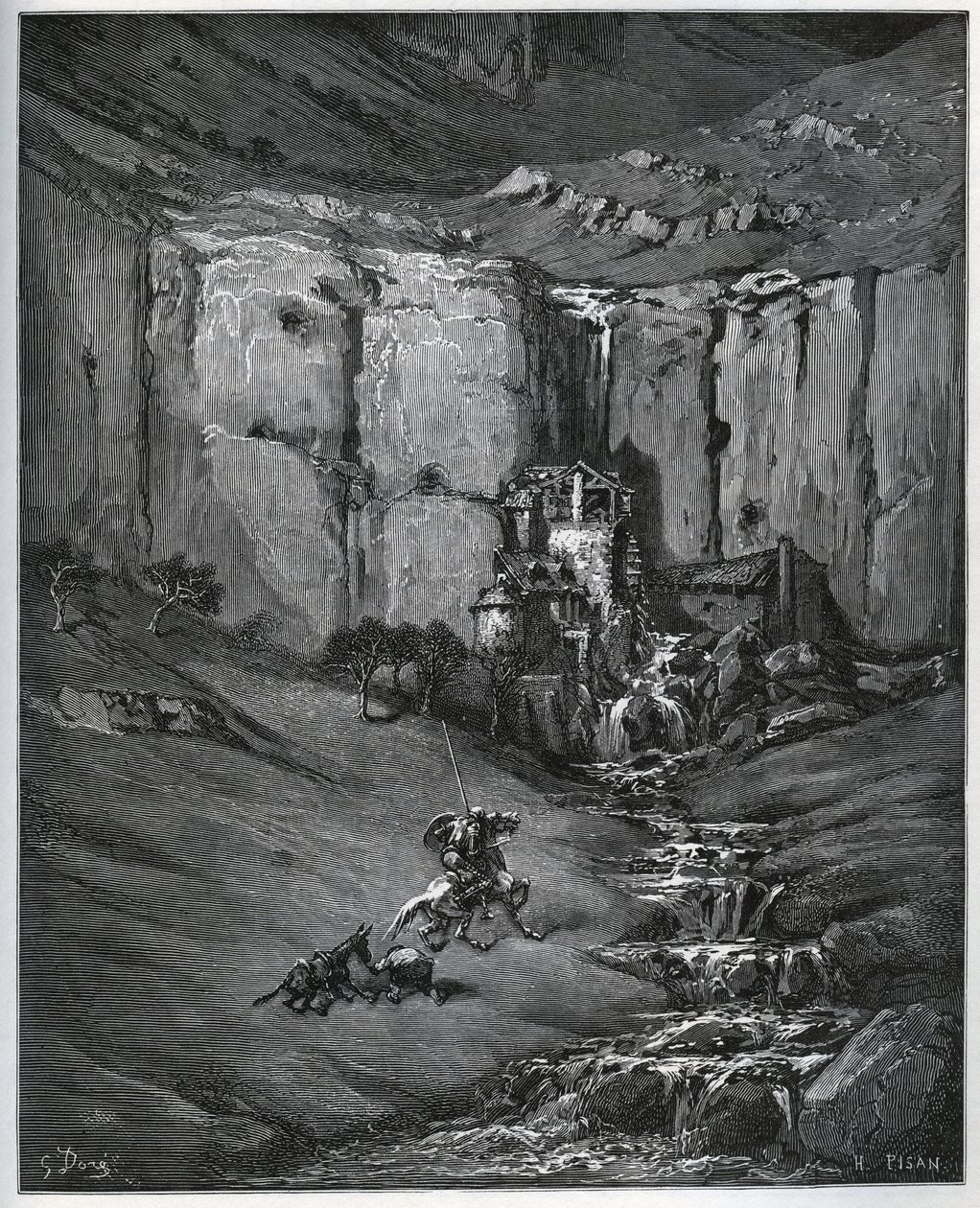 Don Kichot i Sancho Pansa odkrywają, co spowodowało ich niepokój, wodospad i młyn faulon – z „Don Kichota z Manchy” Miguela Cervantesa (1547-1616) (Don Kichota) – Drzeworyt według rysunku Gustave