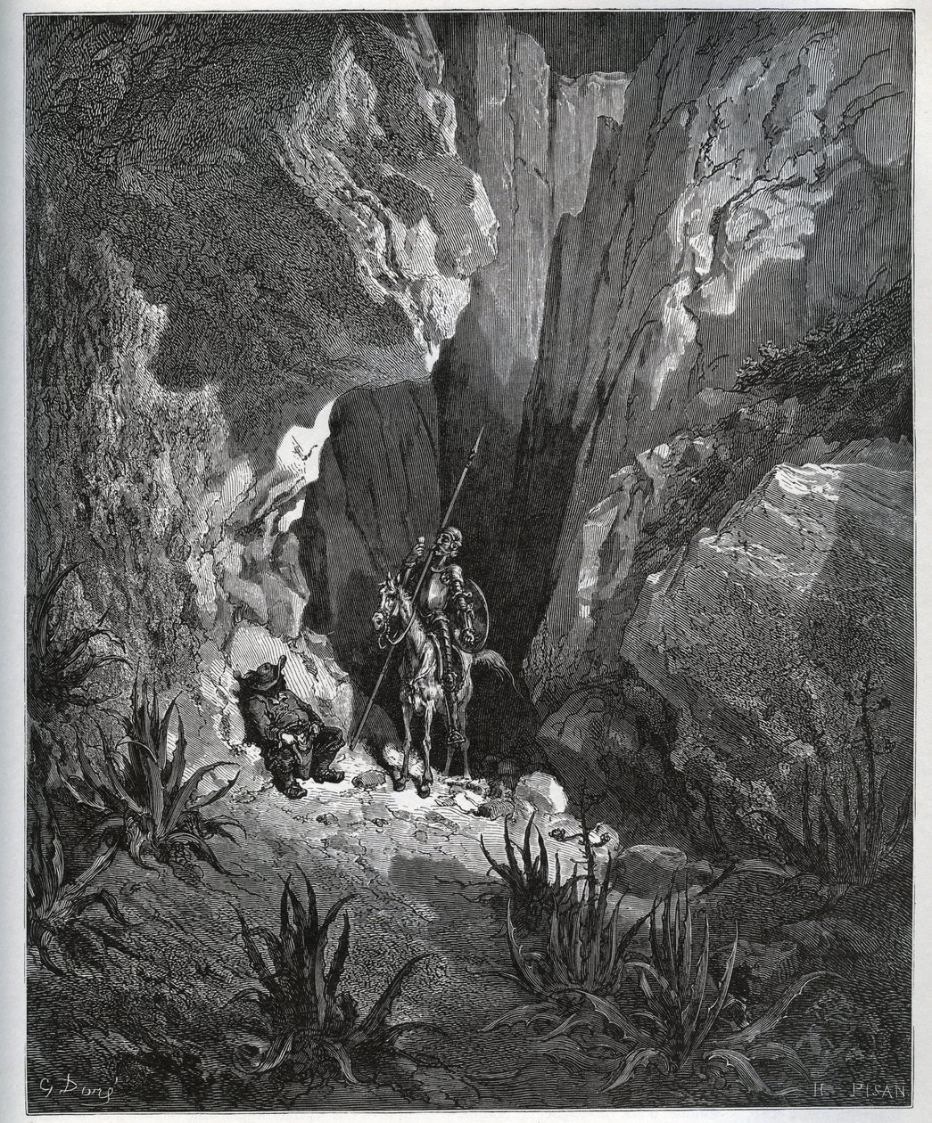 Don Kichot i Sancho Pansa znajdują rzeczy podróżnika – z „Don Kichota z Manchy” Miguela Cervantesa (1547-1616) (Don Kichota) – Drzeworyt według rysunku Gustave