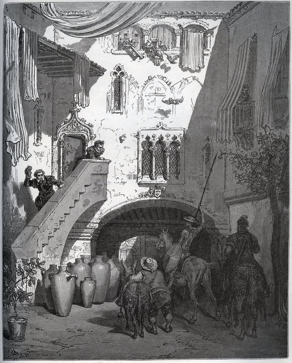 Don Kichota i Sancho Pansę, zaproszonych przez Don Diego de Mirandę w domu, witają żona i syn dżentelmena – z „Don Kichota z Manchy” Miguela Cervantesa (1547-1616) (Don Kichota) – Drzeworyt wg rysunku Gustawa Dore autorstwa Gustave Dore