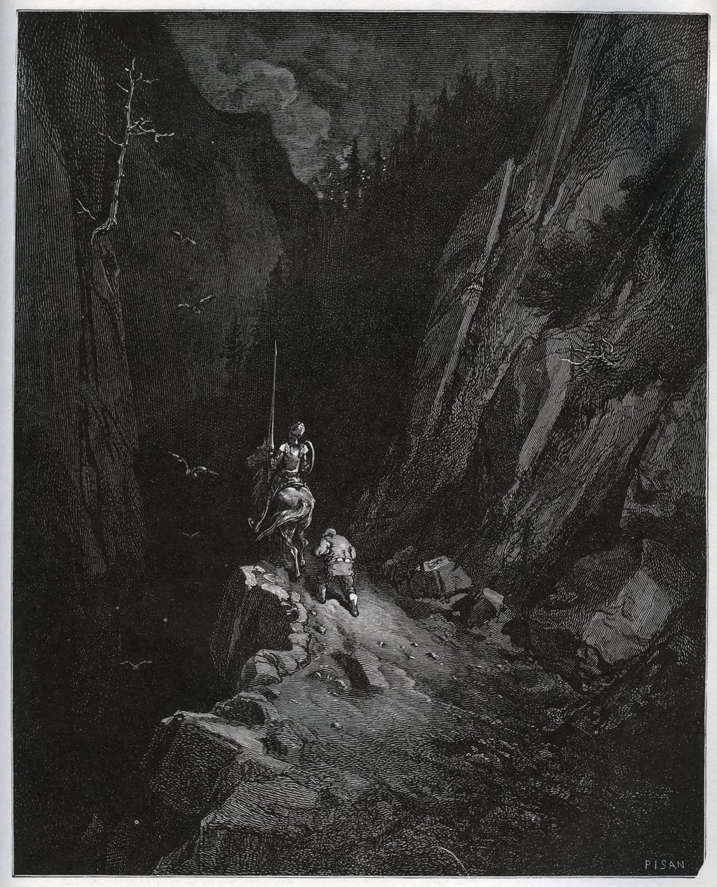 Don Kichot i Sancho Pansa zatapiają się w Sierra Morena - z „Don Kichota z Manchy” Miguela Cervantesa (1547-1616) (Don Kichota) - Drzeworyt wg rysunku Gustave