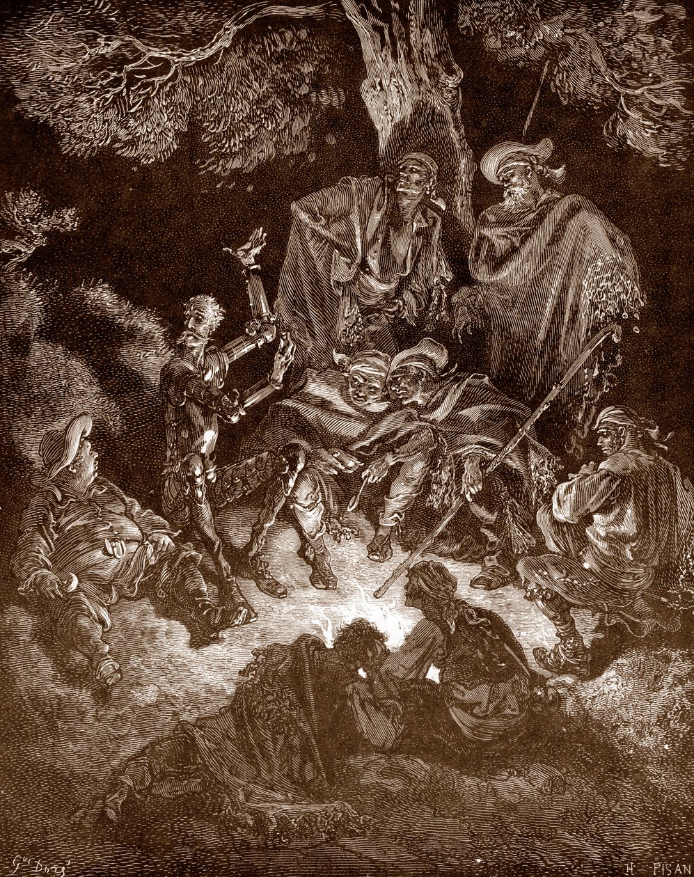 Don Kichot i Sancho Pansa z pasterzami Rycina Gustave Dore (1832-1883) dla „L