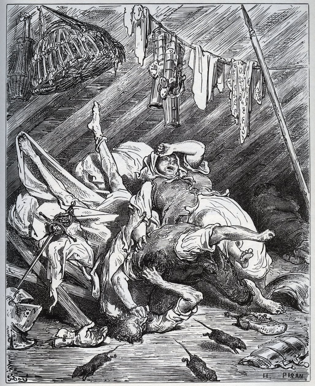 Don Kichot i muł walczący o Maritornesa, gospodynię, którą Don Kichot zabiera za swoją Dulcyneuszkę – z „Don Kichota z Manchy” Miguela Cervantesa (1547-1616) (Don Kichota) – Drzeworyt wg rysunku Gustave