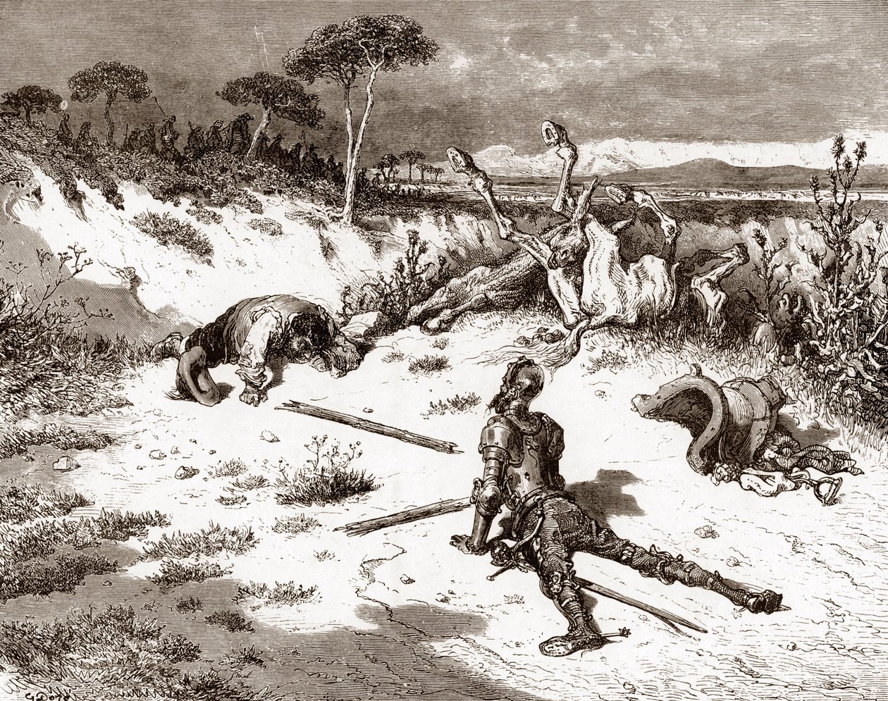 Don Kichot i Sancho Pansa po bójce ze strażnikami i przestępcami Rycina Gustave Dore (1832-1883) dla „L