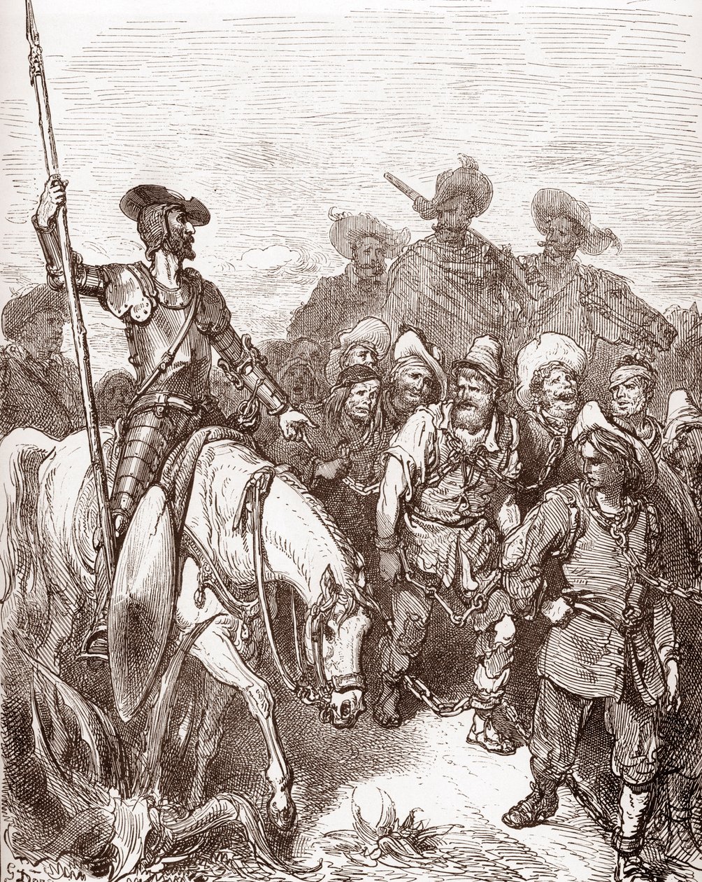 Don Kichot i Sancho Pansa przesłuchują przestępców prowadzonych na galery Rycina Gustave Dore (1832-1883) dla „L