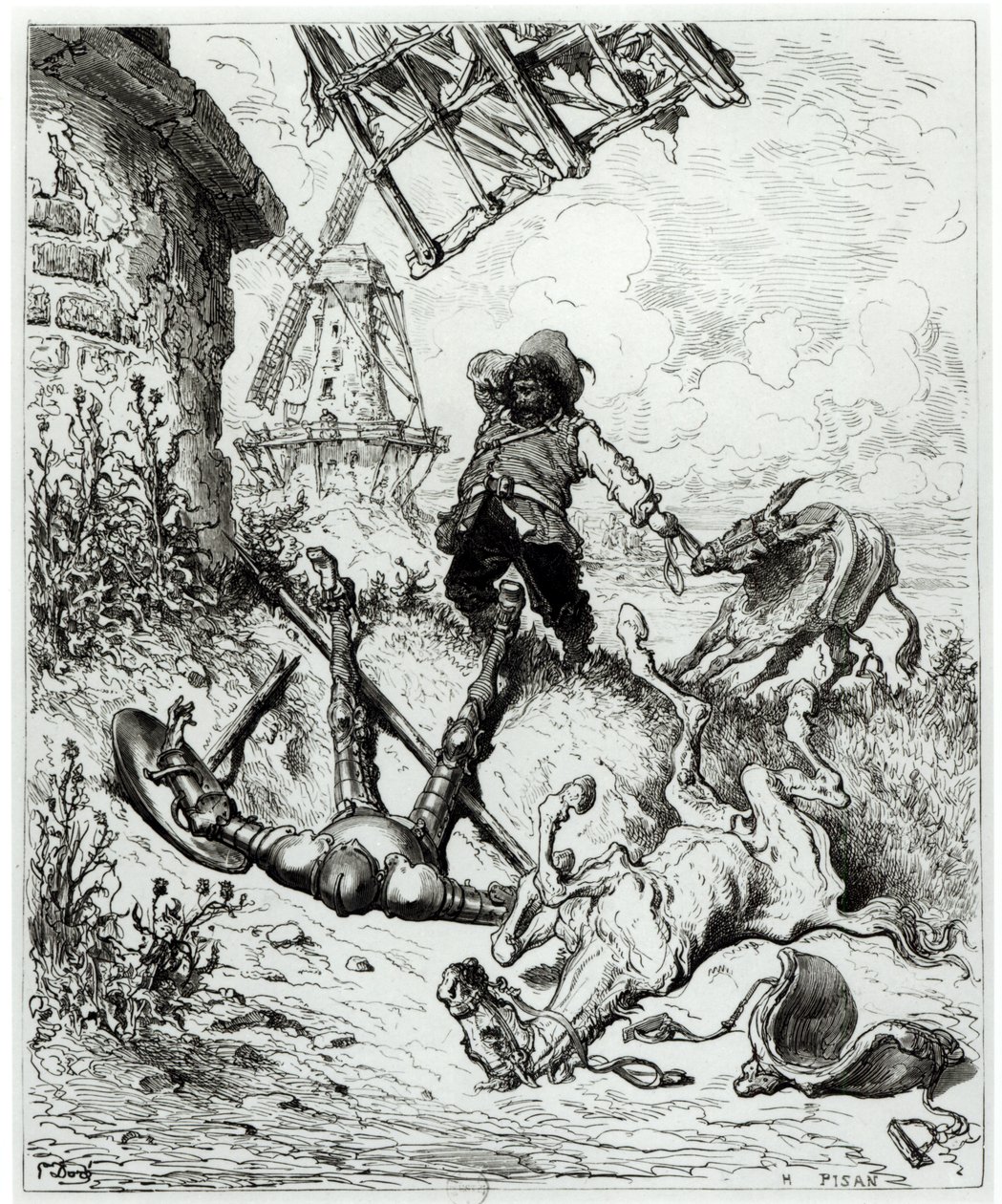 Don Kichot i wiatraki, z „Don Kichota z Manchy” Miguela Cervantesa (1547-1616) rytego przez Heliodore Josepha Pisana (1822-90) autorstwa Gustave Dore