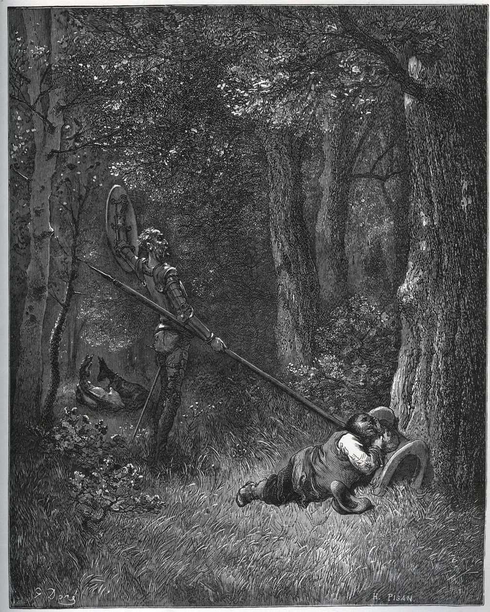 Don Kichot przebudzający Sancho Pansę - z „Don Kichota z Manchy” Miguela Cervantesa autorstwa Gustave Dore