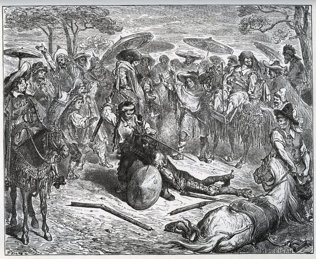 Don Kichot pobity w środku grupy kupców – Wytwórca mułów zasmakował w grze – z „Don Kichota z Manchy” Miguela Cervantesa autorstwa Gustave Dore