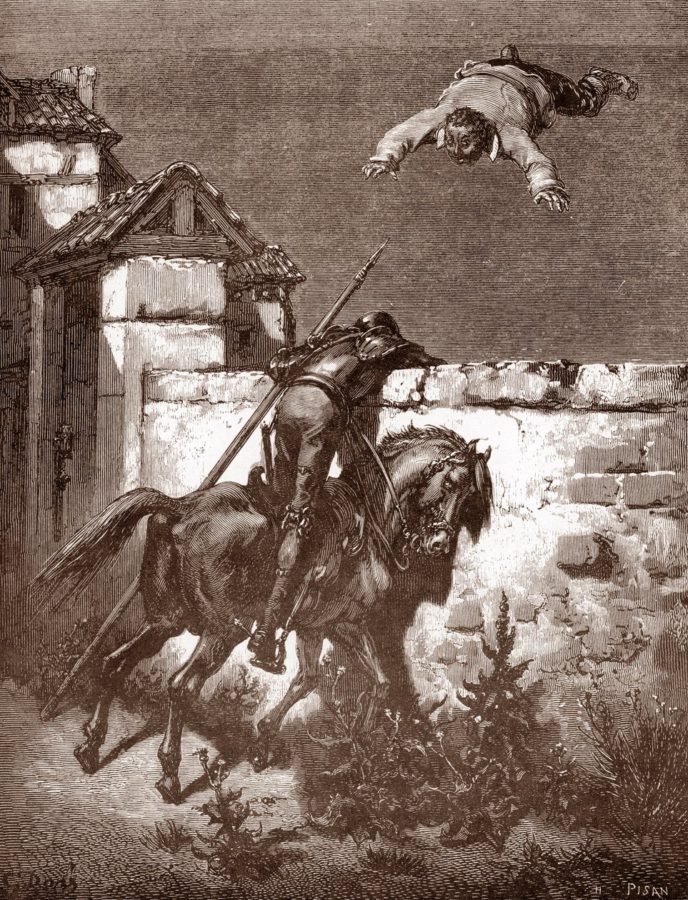 Don Kichotowi nie udaje się powstrzymać wyrzutni Sancho Panca, którzy każą mu podskakiwać na kocu (napomnienia Don Kichota nie wpływają na rzucających) Rycina Gustave