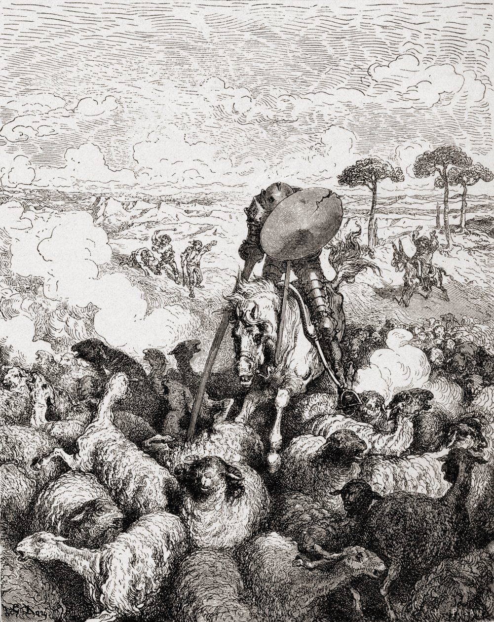 Don Kichot walczący ze stadem owiec, z Die Gartenlaube, wyd. 1905 autorstwa Gustave Dore