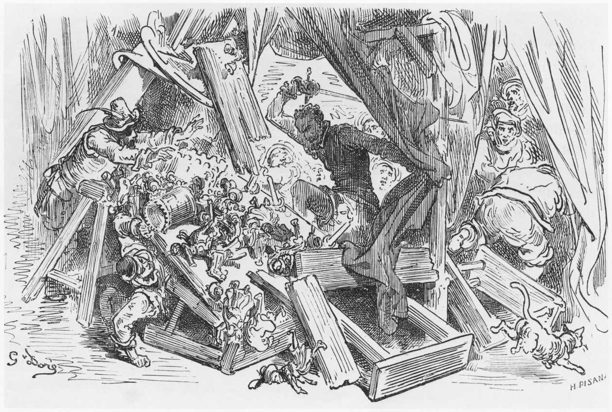 Don Kichot walczący z marionetkami, ilustracja z "Don Kichota z Manczy" Miguela Cervantesa (1547-1616), rytowana przez Heliodora Josepha Pisana (1822-90) autorstwa Gustave Dore