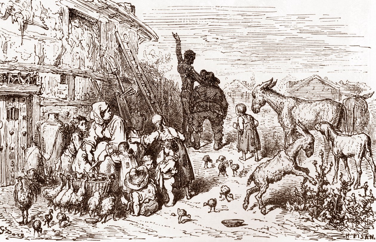 Don Kichot namawia swojego sąsiada Sancho Pansę, by został jego giermkiem Rycina Gustave Dore (1832-1883) do „L