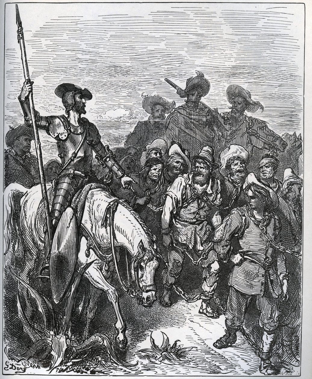 Don Kichot pyta siły o powody ich przekonań - z „Don Kichota z Manchy” Miguela Cervantesa (1547-1616) (Don Kichota) - Drzeworyt wg rysunku Gustave