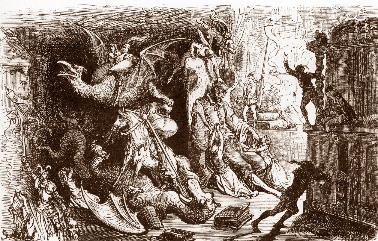 Don Kichot myśli tylko o czynach rycerskich Rycina Gustave Dore (1832-1883) dla „L