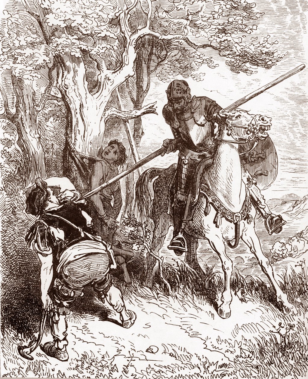 Don Kichot grozi chłopowi, który przewoził pasterza Rycina Gustave Dore (1832-1883) dla „L
