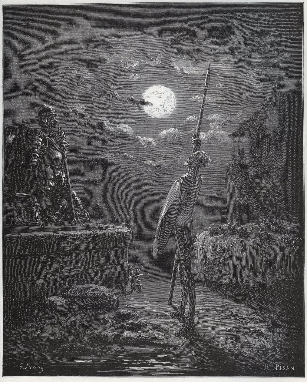 Don Kichot czuwa nad jego ramionami - z „Don Kichota z Manchy” Miguela Cervantesa autorstwa Gustave Dore