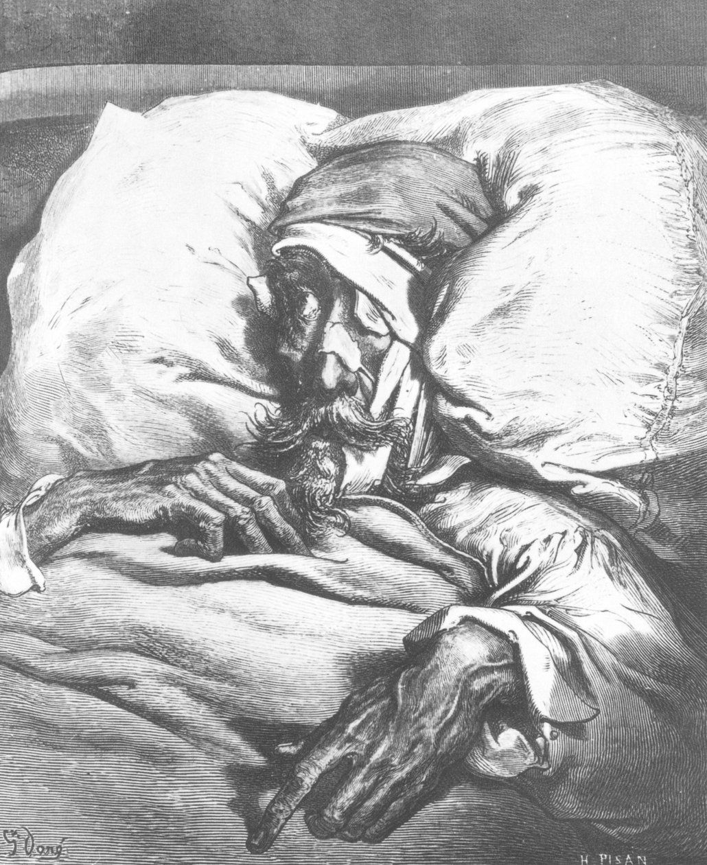 Don Kichot ranny, z „Don Kichota z Manchy” Miguela Cervantesa (1547-1616) rytego przez Heliodore Josepha Pisana (1822-90) autorstwa Gustave Dore