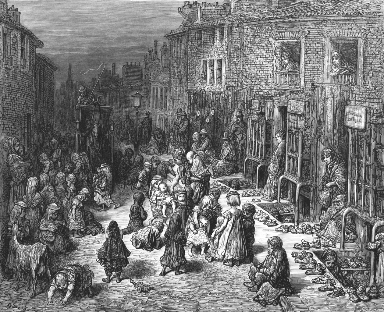 „Dudley Street, siedem tarcz”, 1872. autorstwa Gustave Dore
