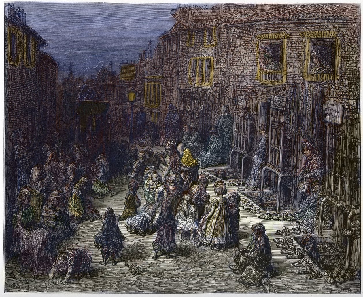 Dudley Street, Siedem tarcz w Covent Garden z „Londyn, pielgrzymka”, napisane przez Williama Blancharda Jerrolda (1826-94) - ilustracje Gustave Dore - 1872 - autorstwa Gustave Dore