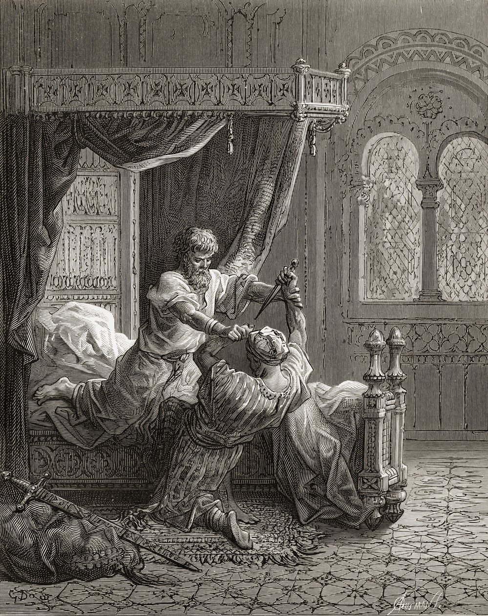 Edward I (1239-1307) z Anglii zabija swojego niedoszłego zabójcę w czerwcu 1272, ilustracja z „Bibliotheque des Croisades” J-F. Michaud, 1877 r. autorstwa Gustave Dore