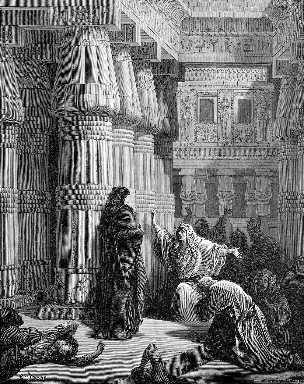 Egipcjanie wzywają Mojżesza do odejścia, autor: Doré. - Biblia autorstwa Gustave Dore