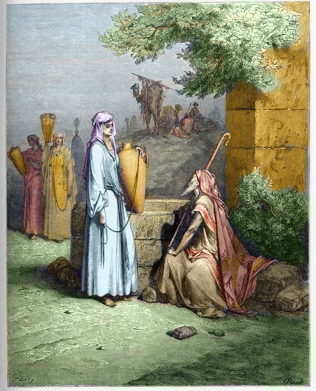 Eliezer i Rebeka - Eliezer, sługa Abrahama, otrzymuje napój z wody od Rebeki - Eliezer i Rebecca - grawerowanie w „The Bible illustree” Gustave
