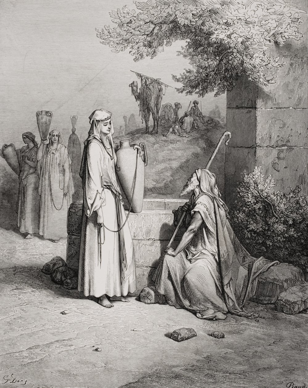 Eliezer i Rebeka, Genesis 24:15-21, ilustracja z "The Holy Bible" Dore