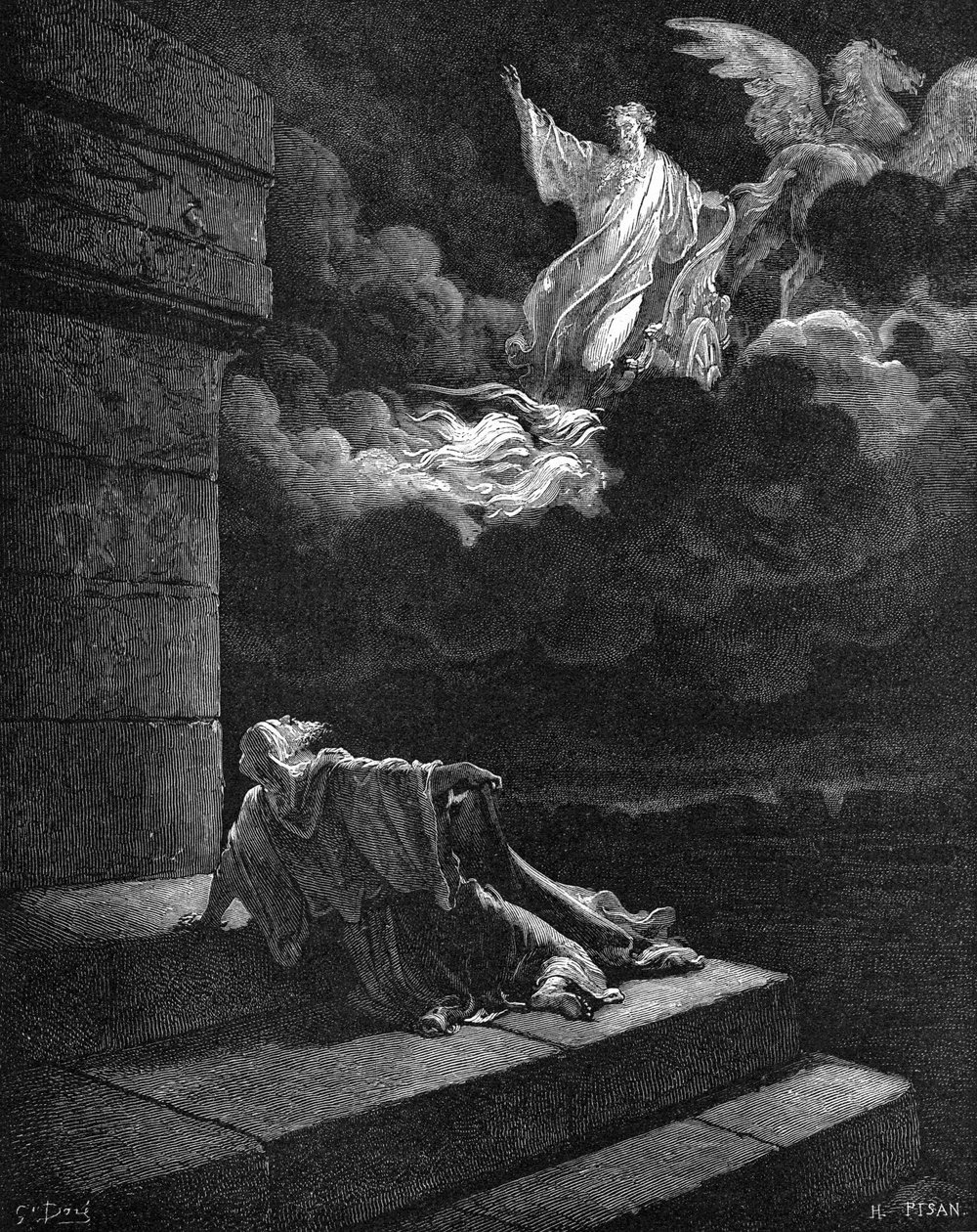 Eliasz wznosi się rydwanem ognia autorstwa Gustave Dore