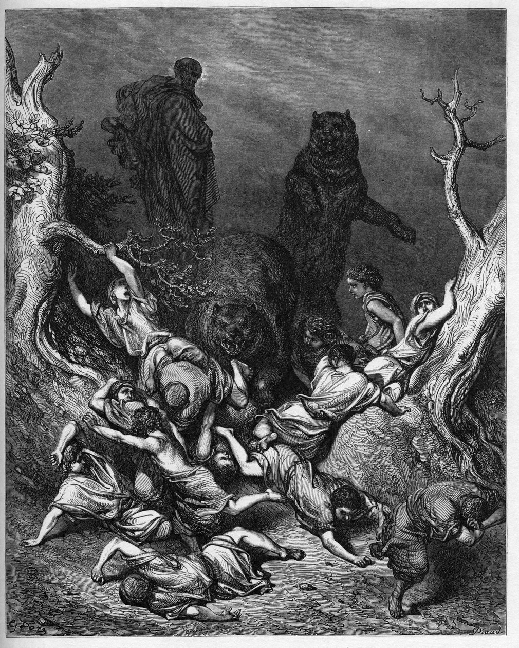 Elisee przeklina młodzież z Betel - Dzieci Betel zniszczone przez niedźwiedzie - Eliasz przeklina młodzież z Betel - Grawerowanie w „The Bible illustree” Gustave