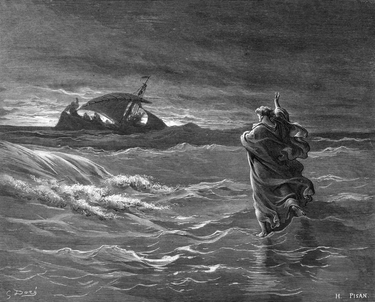Rycina przedstawiająca Jezusa kroczącego po wodzie autorstwa Gustave Dore