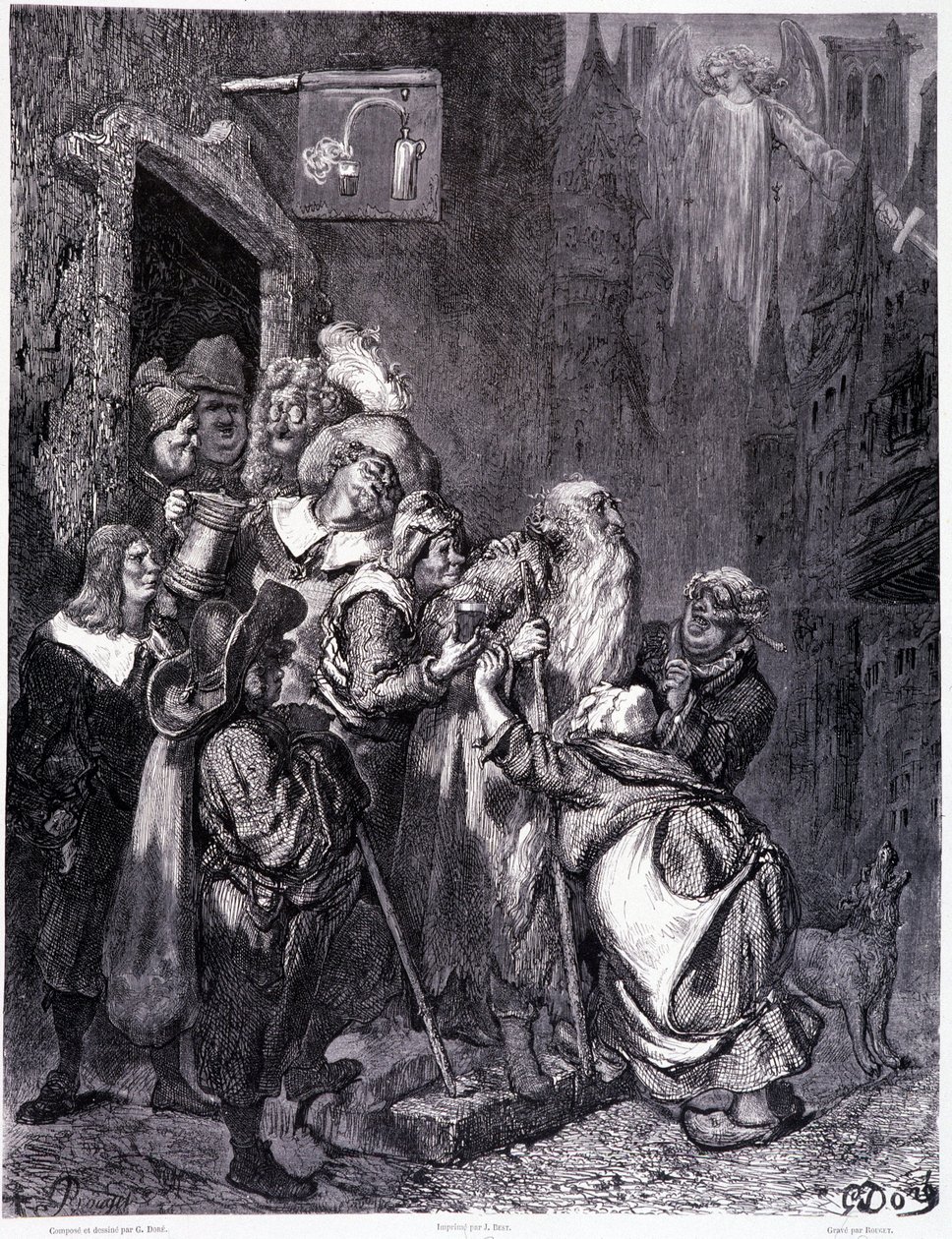 Wejdź do tego zajazdu, tablica IV - ilustracja Gustave Dore (1832-1883), dla La legende du Jeif wędrująca Pierre Dupont, wydanie Librairie du magasin malownicze, Paryż 1862 autorstwa Gustave Dore