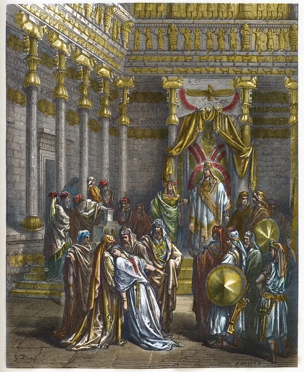 Estera mdleje przed królem Persji Aswerusem 1. (Kserkses 1.) - Królowa Estera mdleje przed królem Aswerusem - - grawerowanie w „The Bible illustree” Gustave