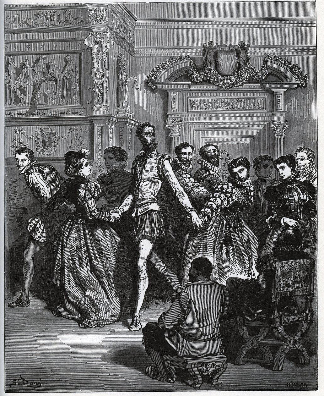 Wieczór zorganizowany po Don Antonio. Don Kichot odkrywa, nie doceniając przyjemności tańca - z „Don Kichota z Manchy” Miguela Cervantesa autorstwa Gustave Dore