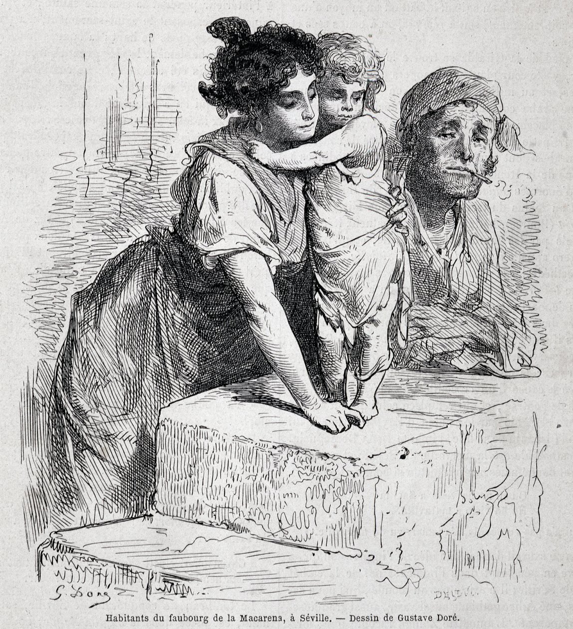 Rodzina faubourga Macareny w Sewilli - dess. Gustave Doré, w „”Le Tour du monde””, 2. tydzień 1865. autorstwa Gustave Dore