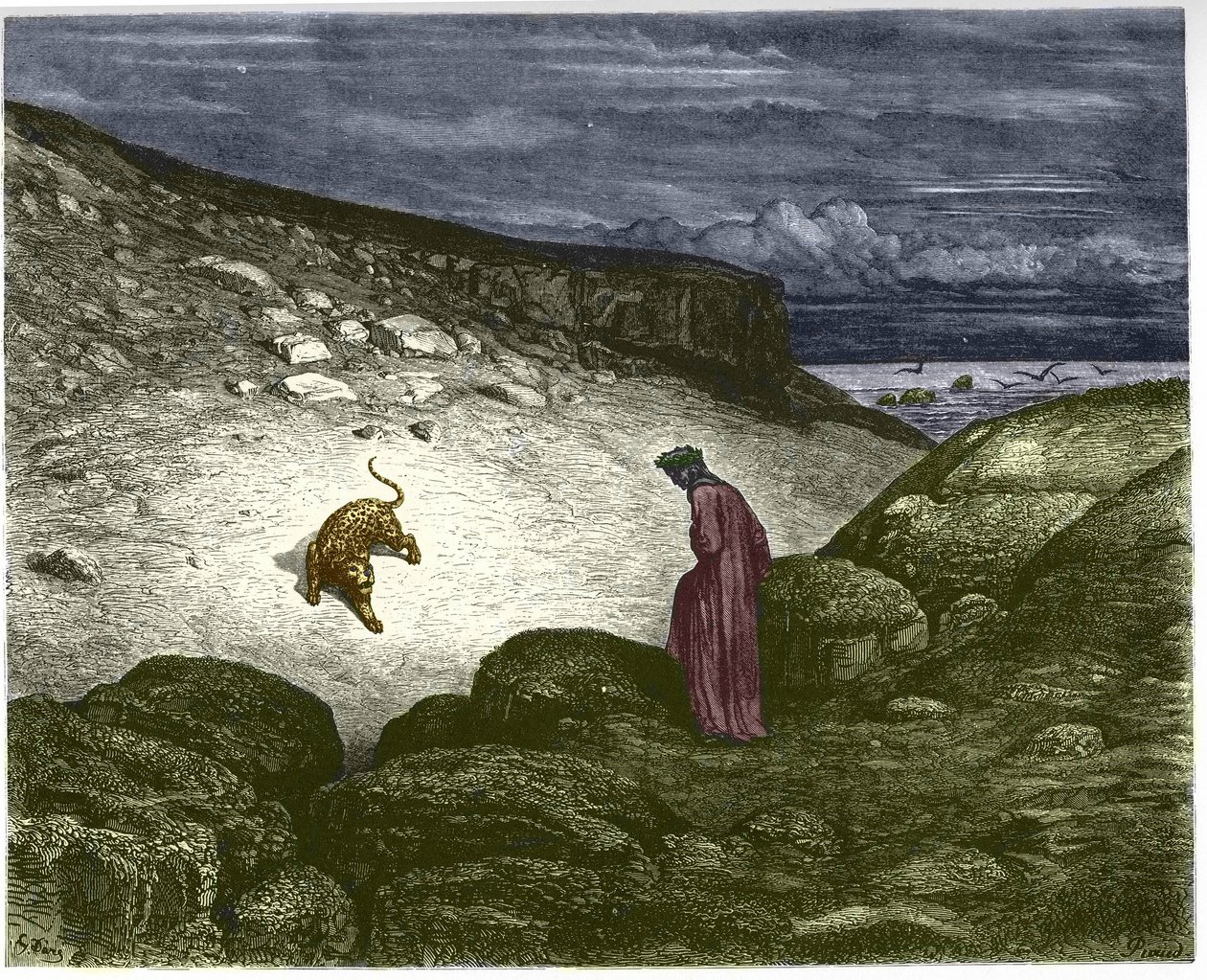 Pierwsza pieśń piekła, pantera sprzeciwia się przejściu Dantego. Ilustracja autorstwa Gustave Dore autorstwa Gustave Dore