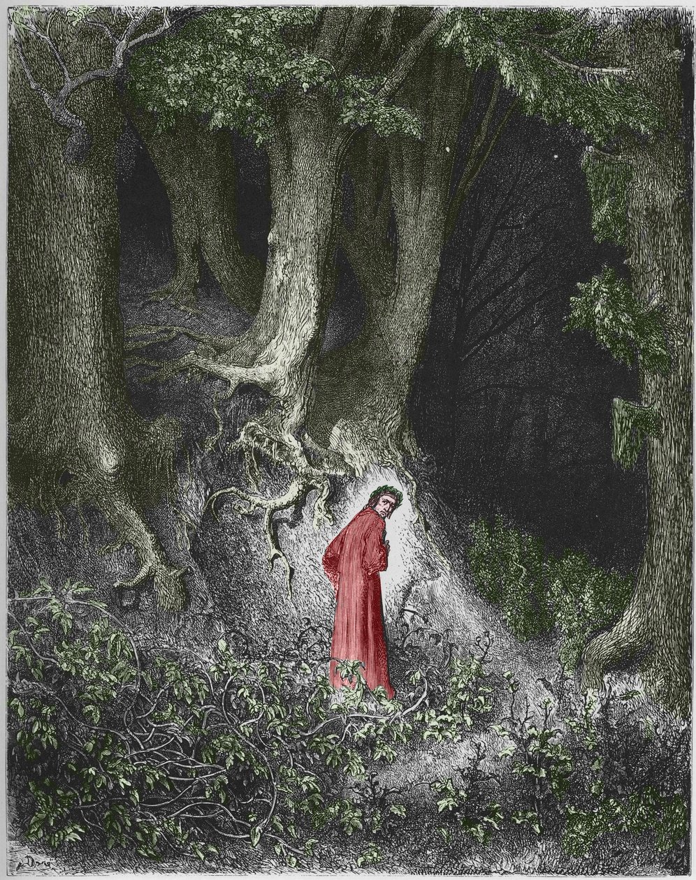 Pierwsza pieśń piekła: poeta Dante znajduje się w lesie. Ilustracja autorstwa Gustave Dore autorstwa Gustave Dore