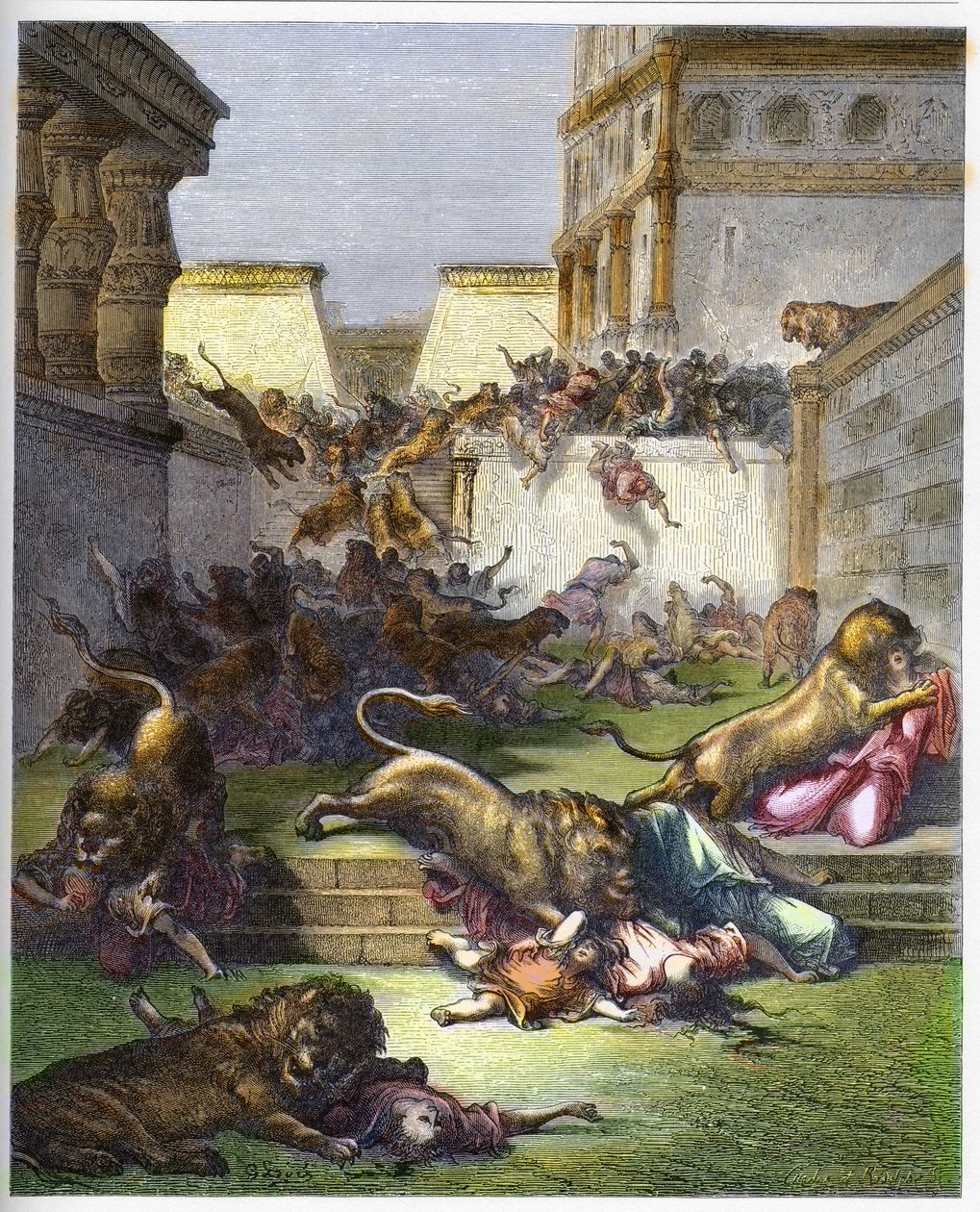 Cudzoziemcy pożerani przez lwy w Samarii - Stary Testament. Ludzie pożerani przez lwy w Samarii - grawer w „The Bible illustree” Gustave Dore (1832-1883) - Grawer z „”The Dore Bible”” autorstwa Gustave Dore