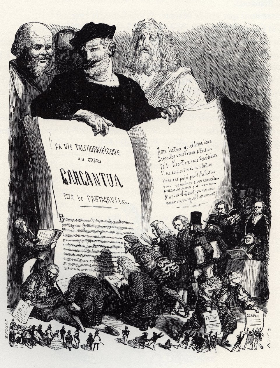 Frontispice wydania 1854 - W towarzystwie pisarzy starożytnych i współczesnych Rabelais prezentuje swoją drugą powieść - ilustracja z "Gargantua i Pantagruel", autorstwa Francois Rabelais - rycina Gustave Dore (1832-1883) autorstwa Gustave Dore
