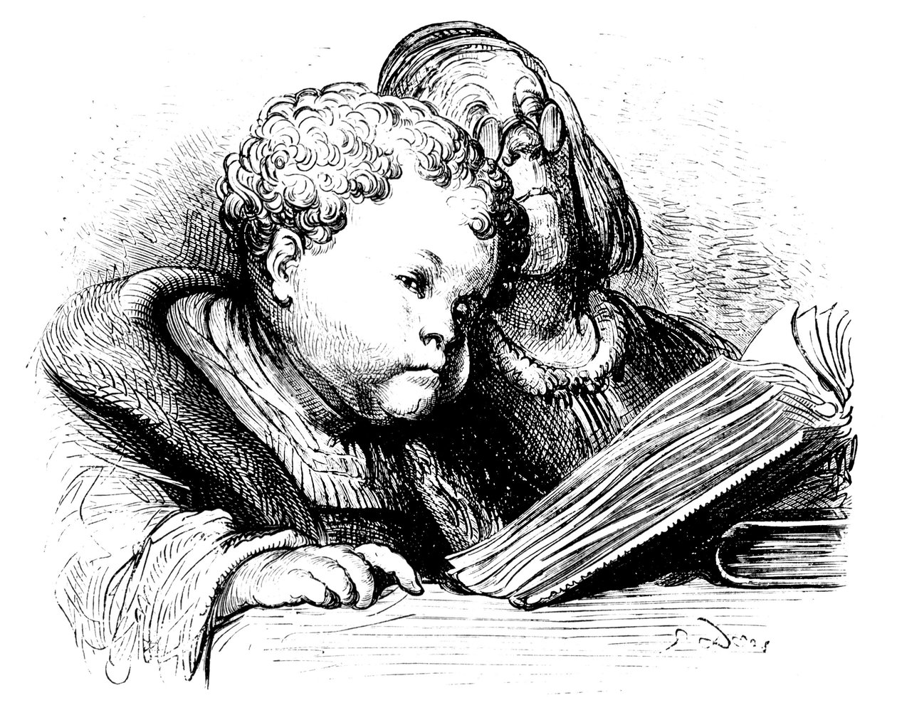 Edukacja Ganta Gargantui: jako dziecko uczy się czytać ze swoim preceptorem. Ilustracja autorstwa Gustave