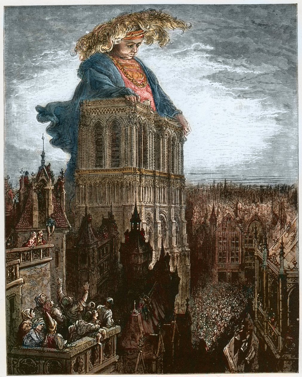 Gargantua na wieżach Notre-Dame w Paryżu - Gargantua na wieżach kościoła Notre-Dame w Paryżu - ilustracja z "Gargantua i Pantagruel", autorstwa Francois Rabelais - rycina Gustave Dore (1832-1883) autorstwa Gustave Dore