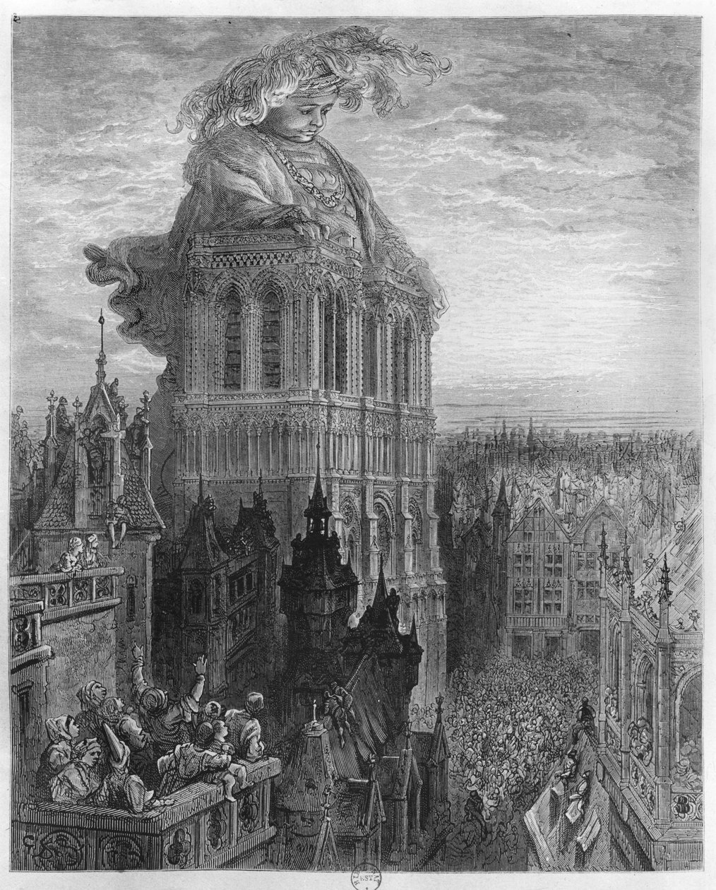 Gargantua na wieżach katedry Notre-Dame w Paryżu, ilustracja z 