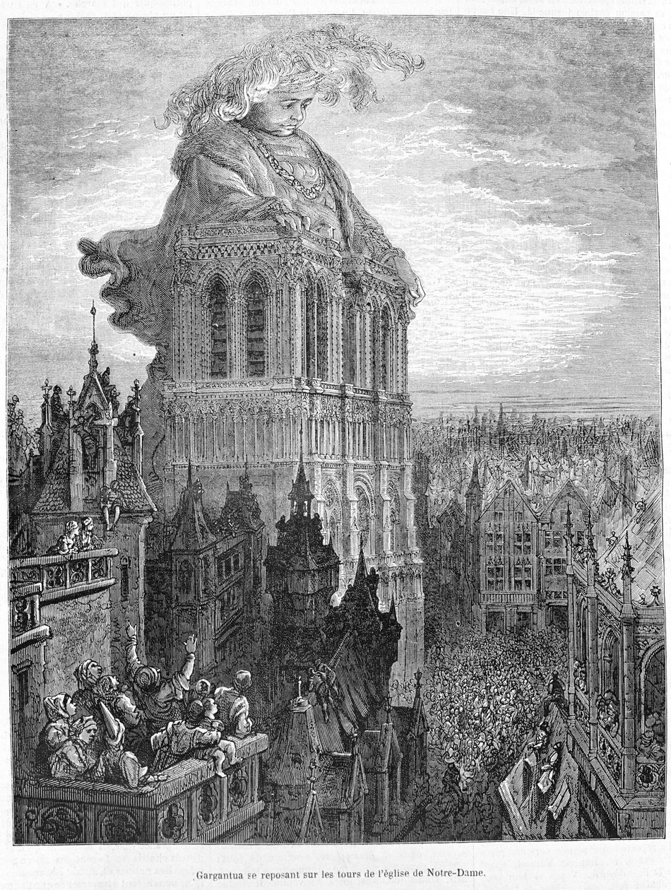 Gargantua spoczywająca na wieżach kościoła Najświętszej Marii Panny. Grawer po pracy Gargantua François Rabelais (1483 - 1553) autorstwa Gustave Dore